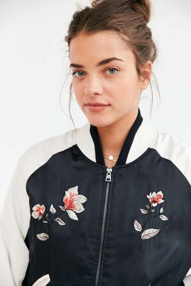 Gorgeous satin flowers bomber jacket