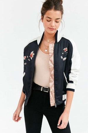 Gorgeous satin flowers bomber jacket