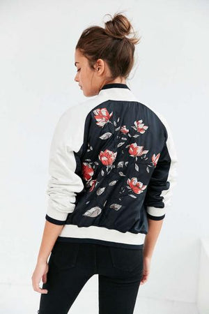 Gorgeous satin flowers bomber jacket