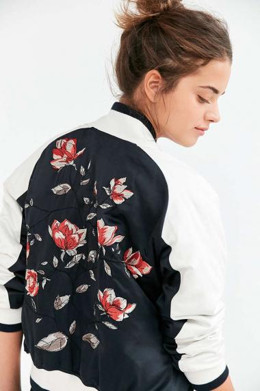 Gorgeous satin flowers bomber jacket