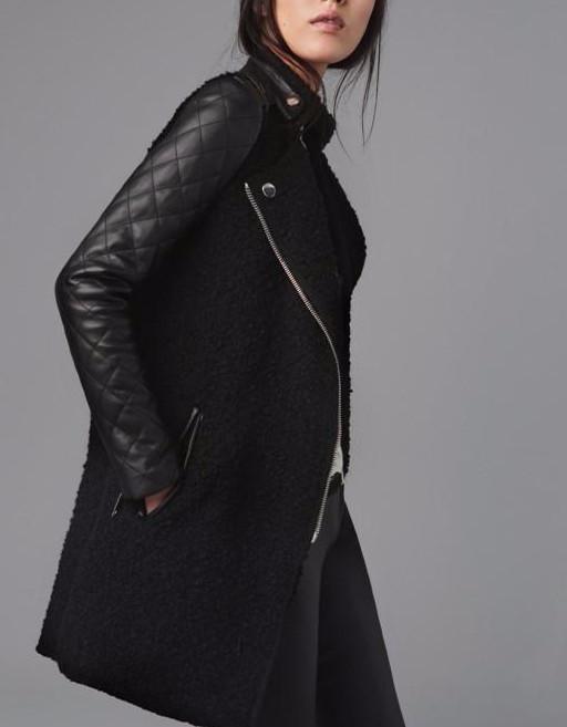 The Leather women Jacket Black Lamb Stitching Overcoat