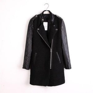 The Leather women Jacket Black Lamb Stitching Overcoat