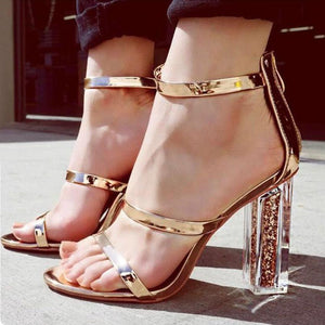 Ankle Strap Gold Sandals Heel Sequined Shoes