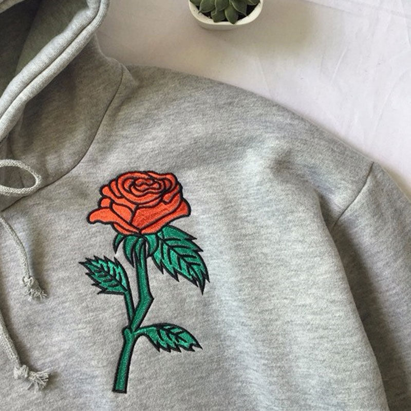 Embroidery Rose Flower Hooded Sweatshirt